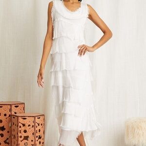 Italian Silk white sleeveless tiered ruffle maxi dress. Size S/M